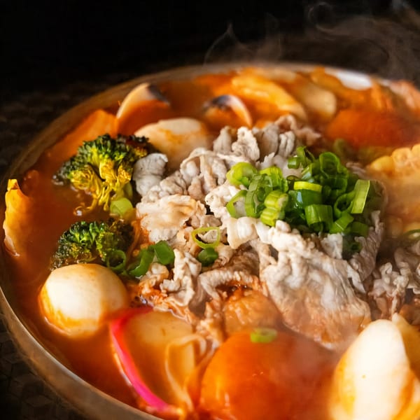Steaming Taiwanese hot pot with sliced pork, broccoli, fish balls, and green onions.