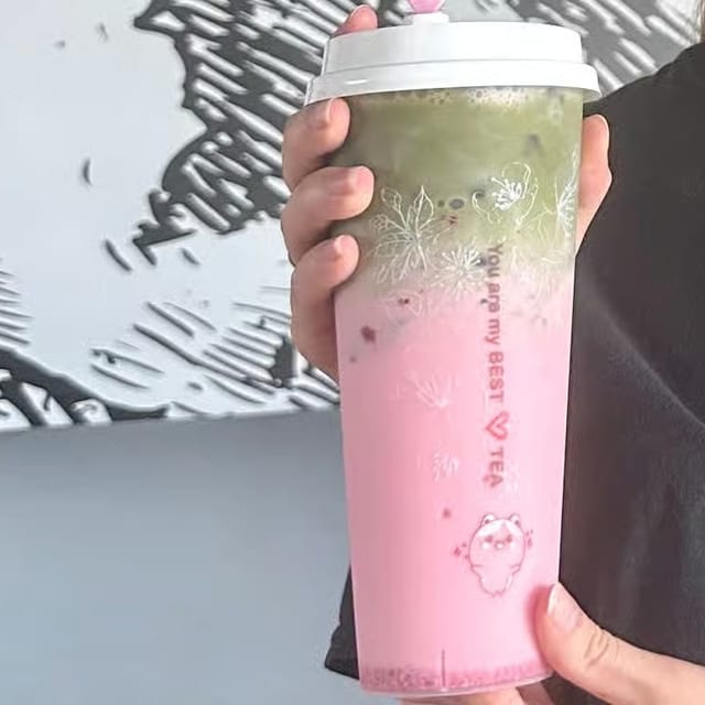 Strawberries Matcha Latte with Boba.
