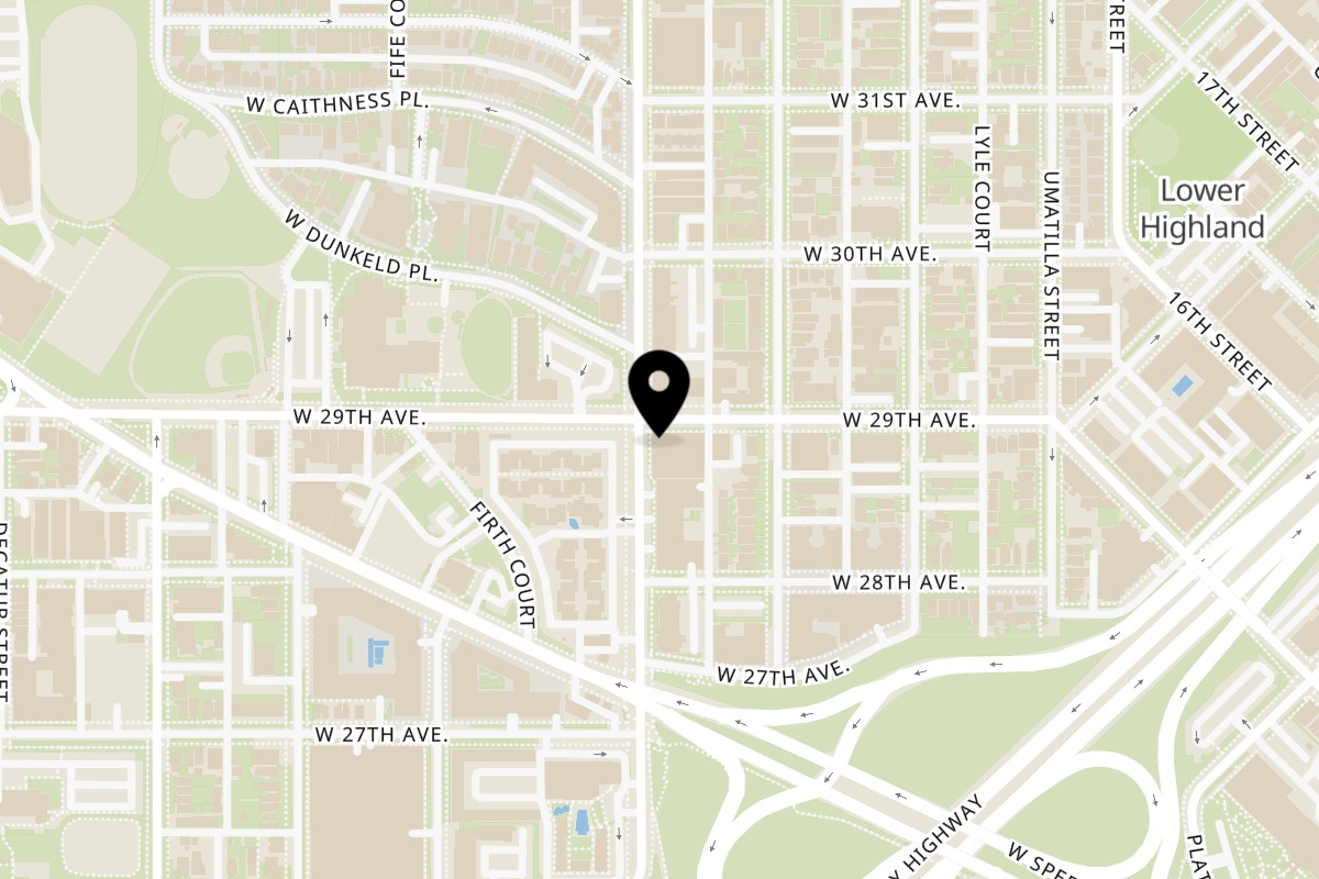 Map showing the location of Tasty Pot! Denver on 2890 Zuni St in Denver